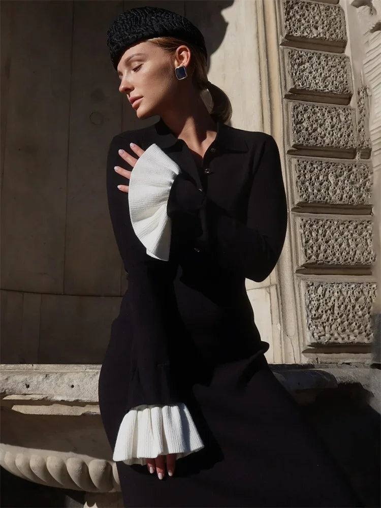 Female Ruffled Knitwear Long Dress Patchwork Slim Contrast Lapel Party Dress Gown ’s Knit Maxi Dress