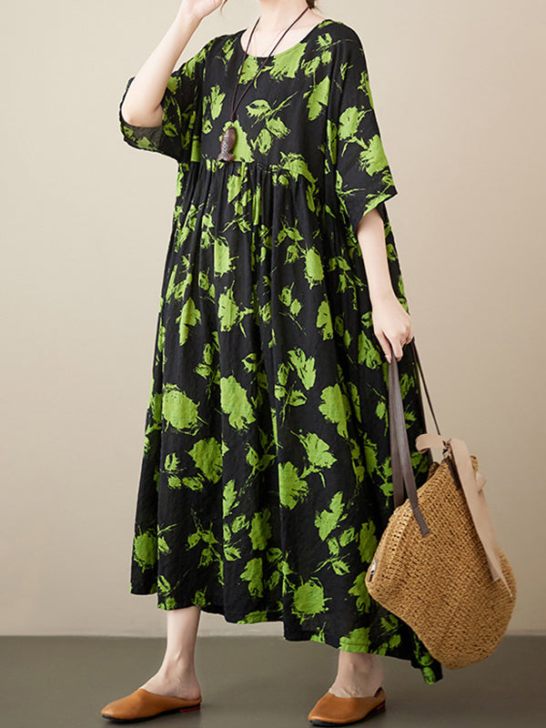 Loose Pleated Round-neck Midi Dresses