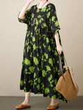 Loose Pleated Round-neck Midi Dresses