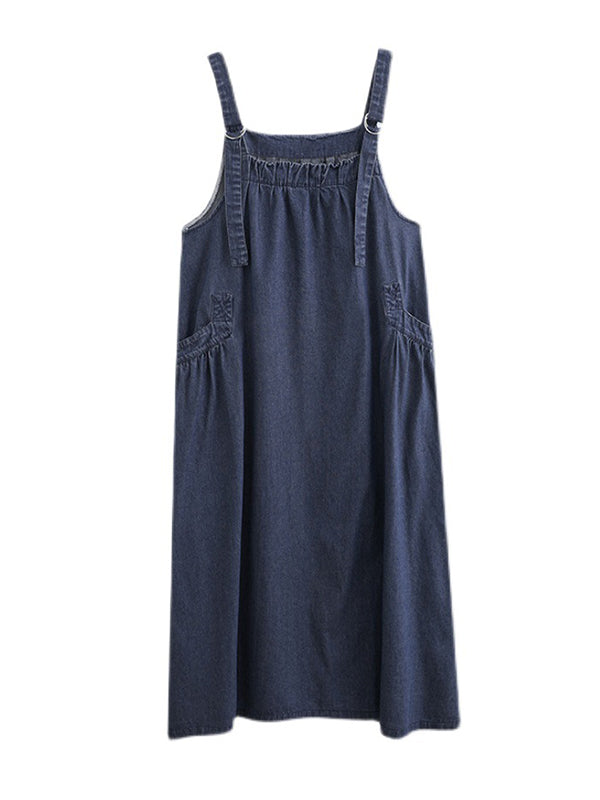 Loose Artistic Retro Color Strap Denim Midi Dress