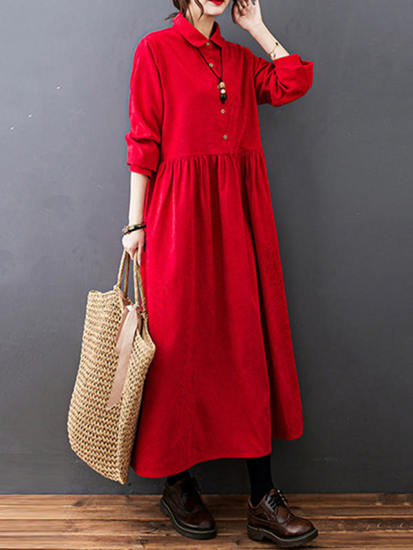 Split-joint Color Long Sleeves Lapel A-line Corduroy Midi Dress