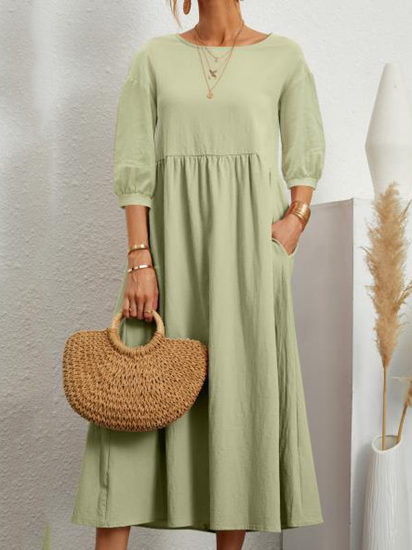 11 Colors Simple Round-neck Color Midi Dress