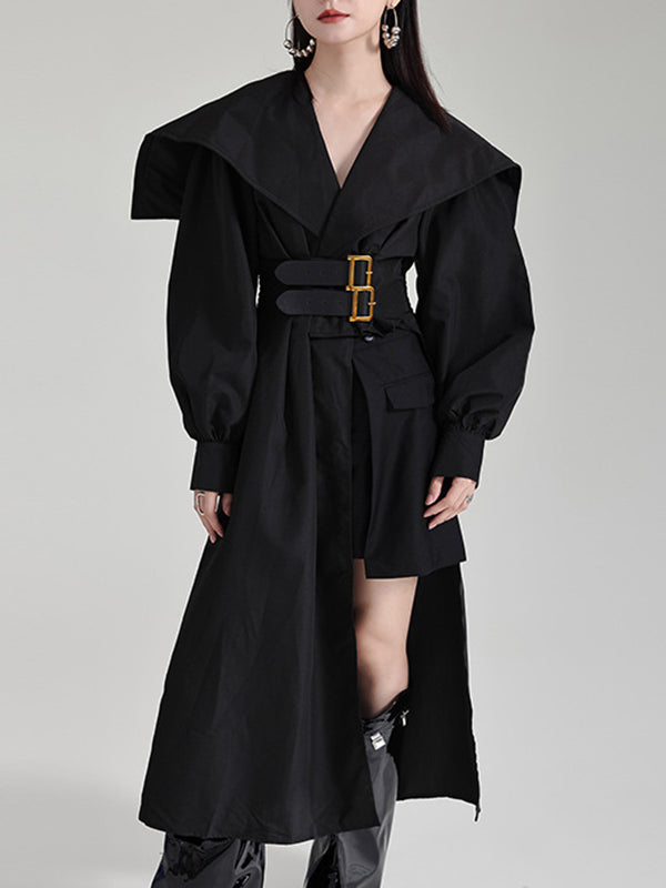 High Waisted Long Sleeves Asymmetric Belted Pleated Color Lapel Midi Dresses