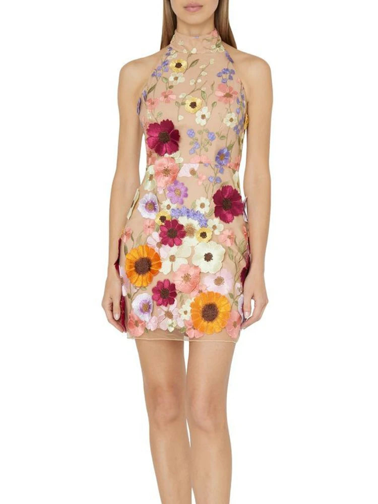 Embroidery 3d Flower Bodycon Dress for Summer Sleeveless Backless Mini Dresses Temperament Slim Vestidos De Mujer