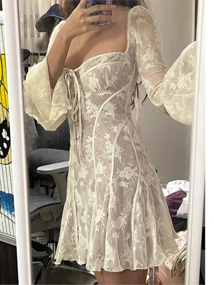 Lace Mini Dress Flare Sleeve Square Collar Autumn Winter New Evening Party Prom Dresses Y2k