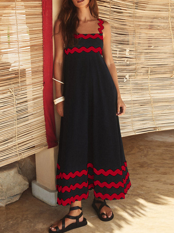 A-line High Waisted Contrast Color Zipper Square-neck Midi Dresses