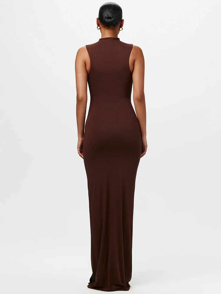 Half High Collar Irregular Tank Dress for New Sleeveless Bodycon Ruched Long Dress