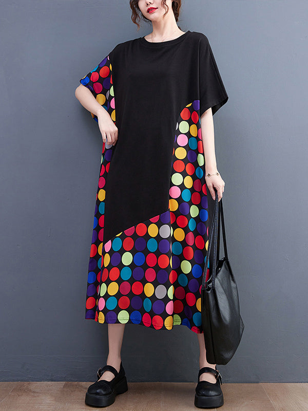 Loose Short Sleeves Multi-colored Polka-dot Split-joint Round-neck Midi Dresses