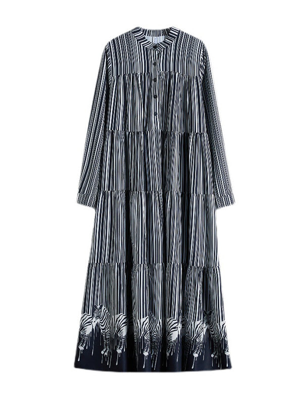 Loose Striped Buttoned Stand Collar Long Sleeves Midi Dress