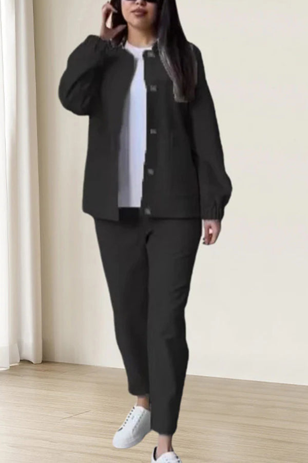 Color Loose Fit Long Sleeve Button Pocket Top and Pants Set