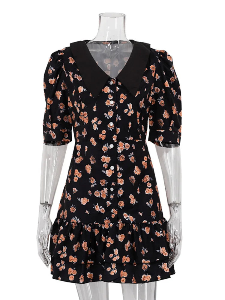 Short Sleeve Mini Dress for Robe Turn-down Collar French Dress High Waist Dresses