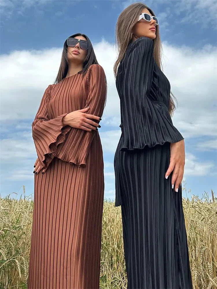 Ruffled Lace-up Ribbed Maxi Dress for Long Sleeve High Waist Party Dress Autumn Bandage Dress
