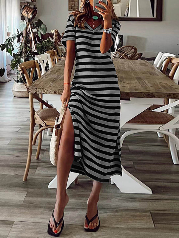 A-line Loose Printed Split-side Striped V-neck Midi Dresses