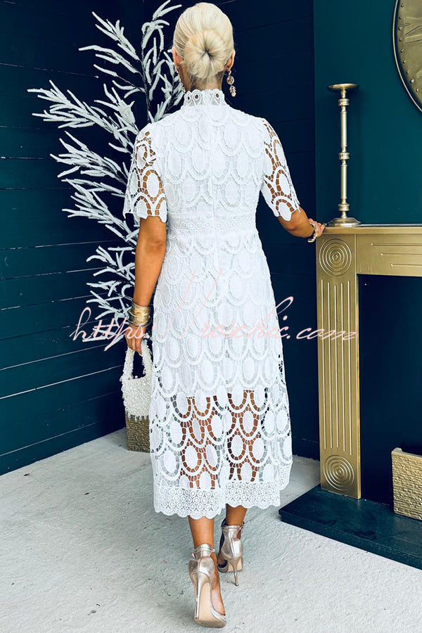 Crocheted Cutout Lace Short-sleeved Stand-collar Midi Dress