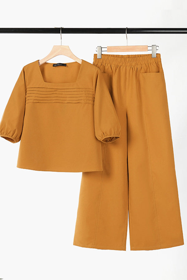 Loose Color Long Sleeved Top Wide Leg Pants Set