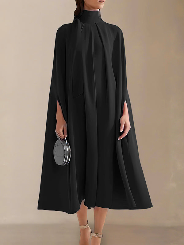 Simple Batwing Sleeves Lace-up Color High-neck Midi Dresses