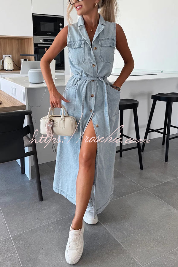 Color Sleeveless Single Breasted Waist Tie Pocket Denim Midi Dress
