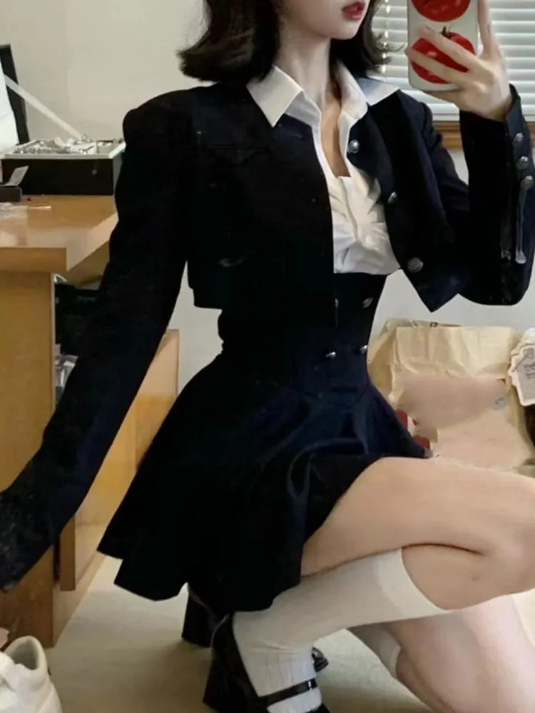 Y2k 3 Piece Set Cropped Coat + Long Sleeve Shirt + High Waist Halter Ruffles Mini Dress Korean Outfits