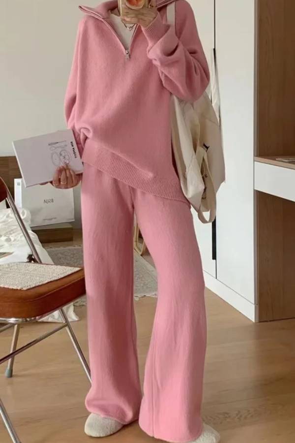Lapel Sweater and Wide-leg Pants Two-piece Suit