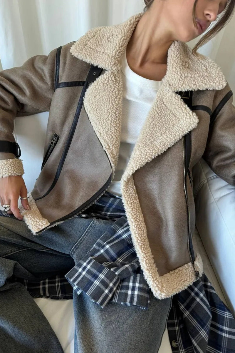 Patchwork Faux Suede Lapel Long Coat