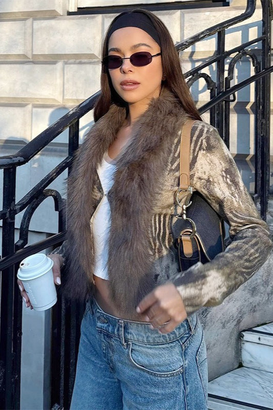 Retro Y2k Fuzzy Paneled Versatile Knit Cardigan