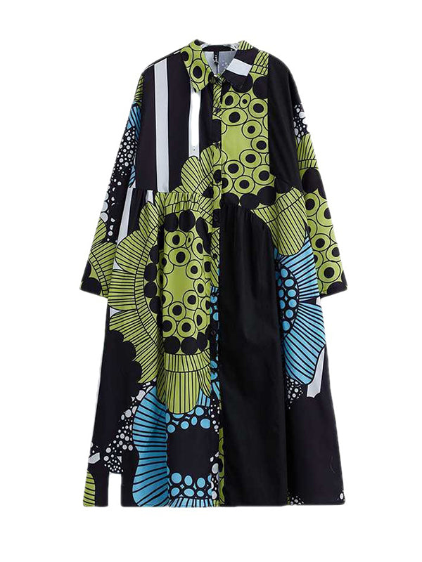 A-line Long Sleeves Asymmetric Buttoned Printed Split-joint Lapel Midi Dresses Shirt Dress