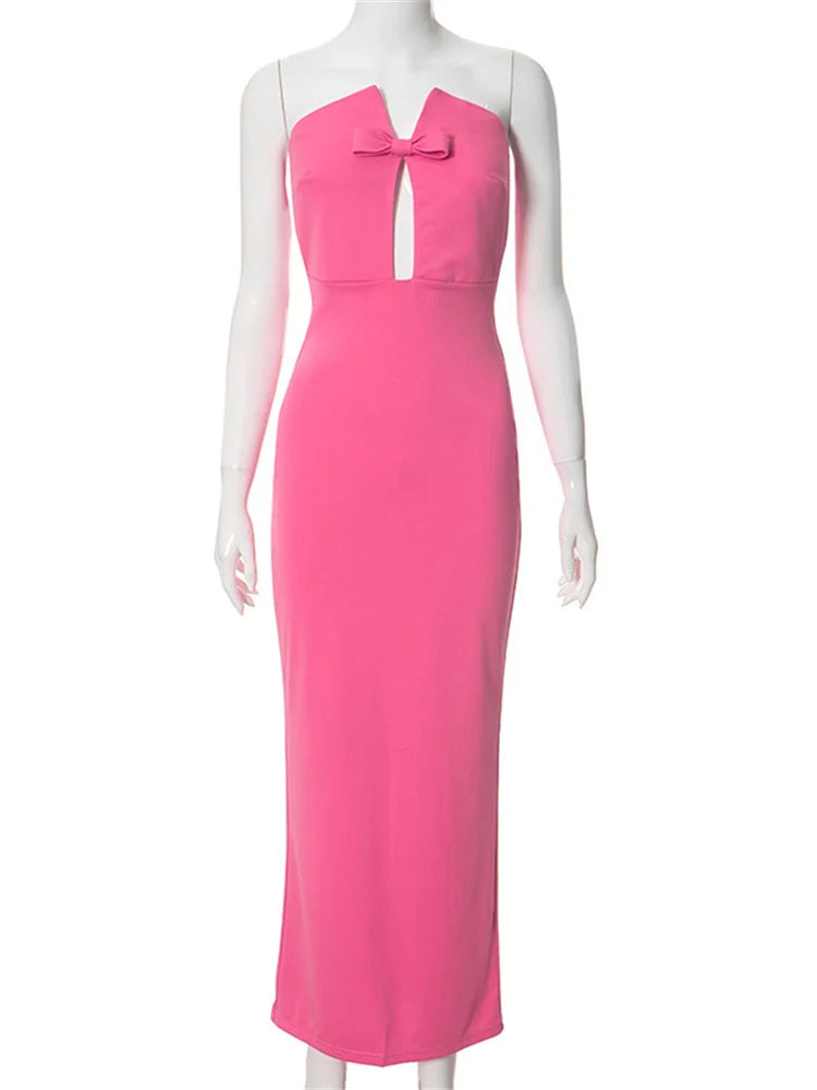 Tee Bow Off-shoulder Slim Long Dress for Patchwork Hollow Out Backless Clothes Female Party Dress