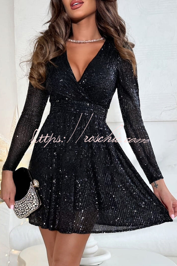Night Out Sequin Wrap Long Sleeve Mini Dress