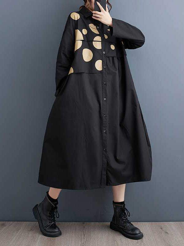 A-line Long Sleeves Asymmetric Buttoned Polka Dot Split-joint Lapel Midi Dresses