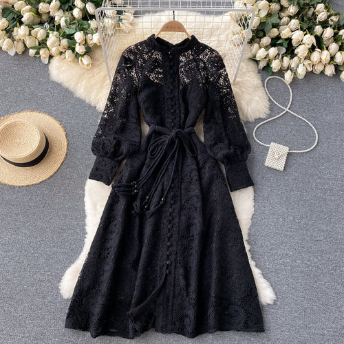 Apricot Cashew Flower Lace Embroidery Single Breasted Lantern Sleeve Midi Dress