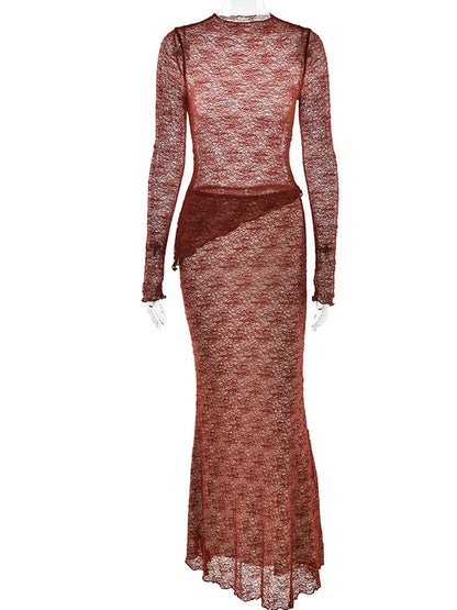 Lace Long Sleeved Round Neck Top Skirt Two-piece Set for Autumn Winter New Transparent T-shirt Set