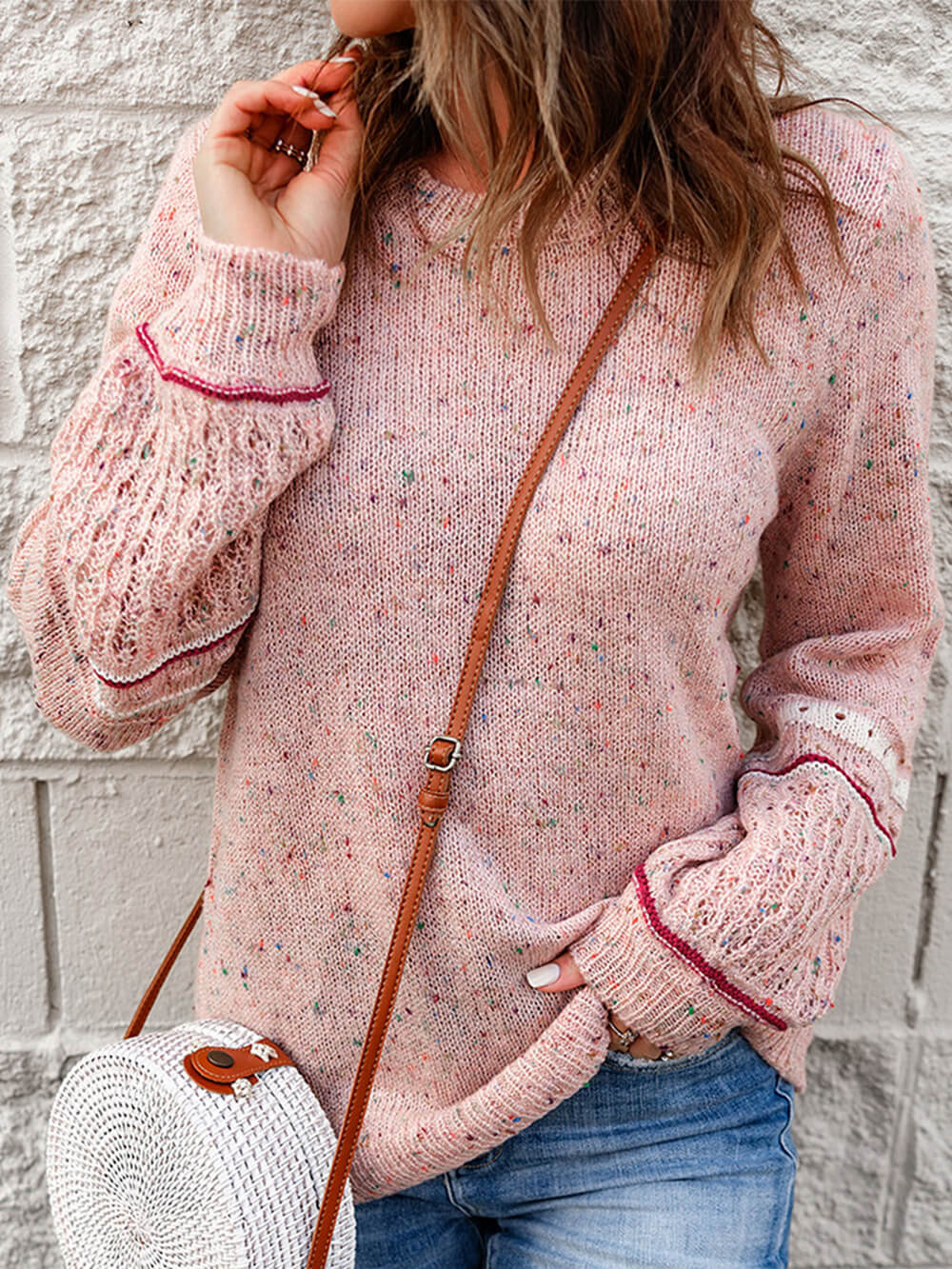 V-neck Sweater Blush Wool-cashmere Dots Knit