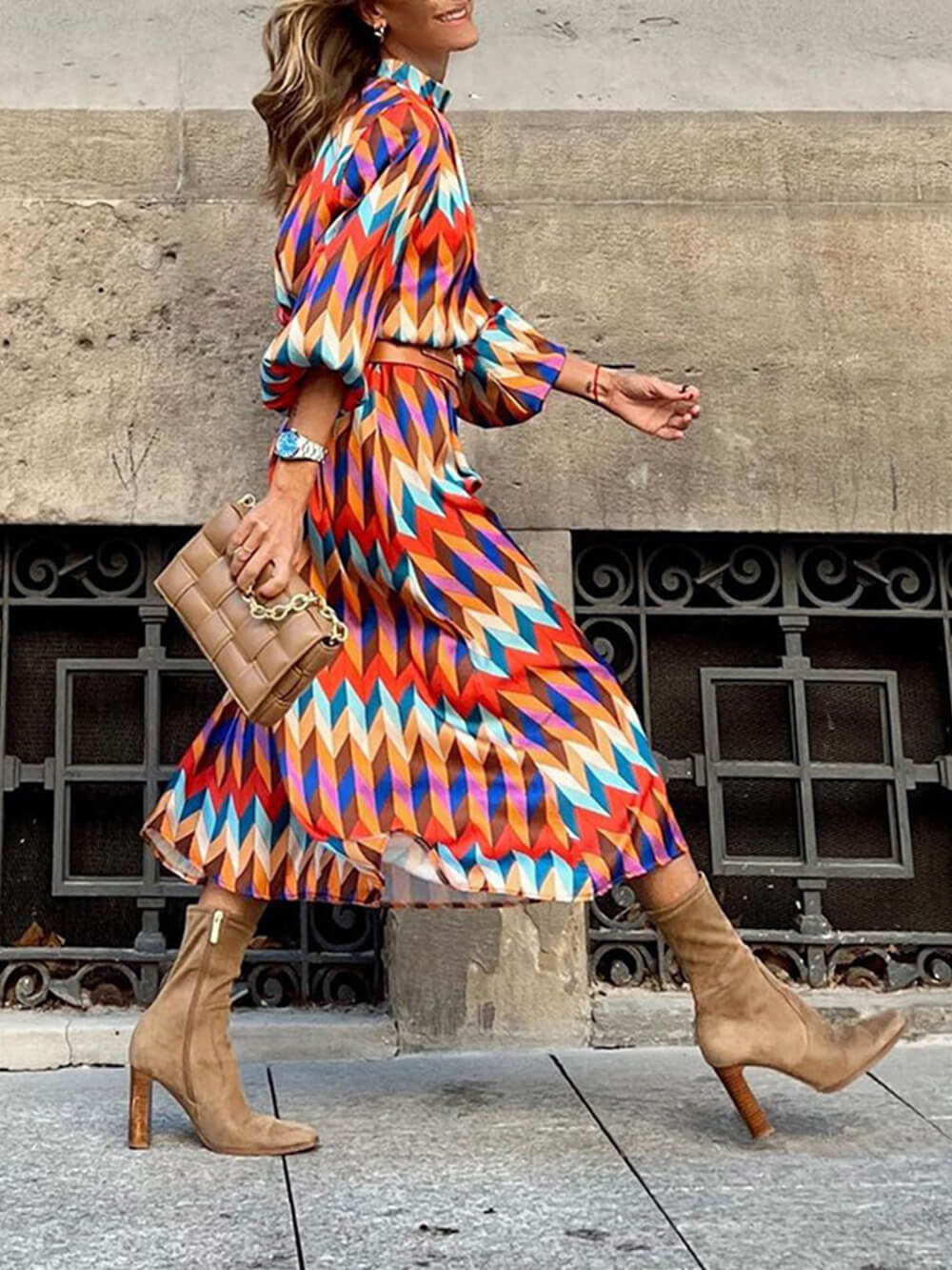 Stand Collar Midi Length Dress