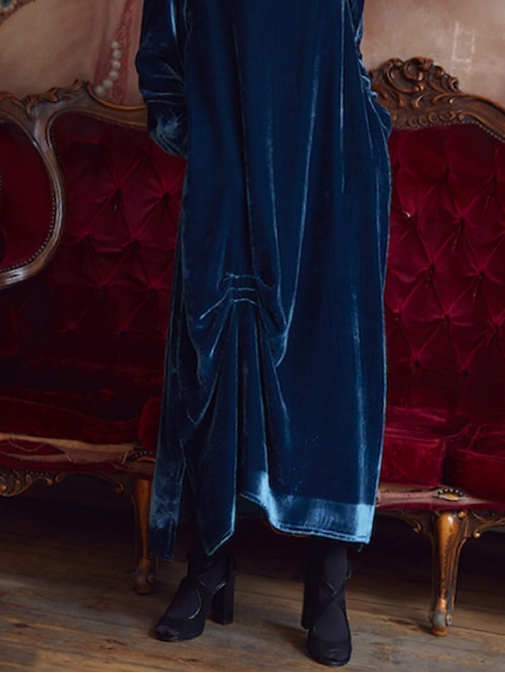 Draped Neck Ruched Velvet Midi Dress