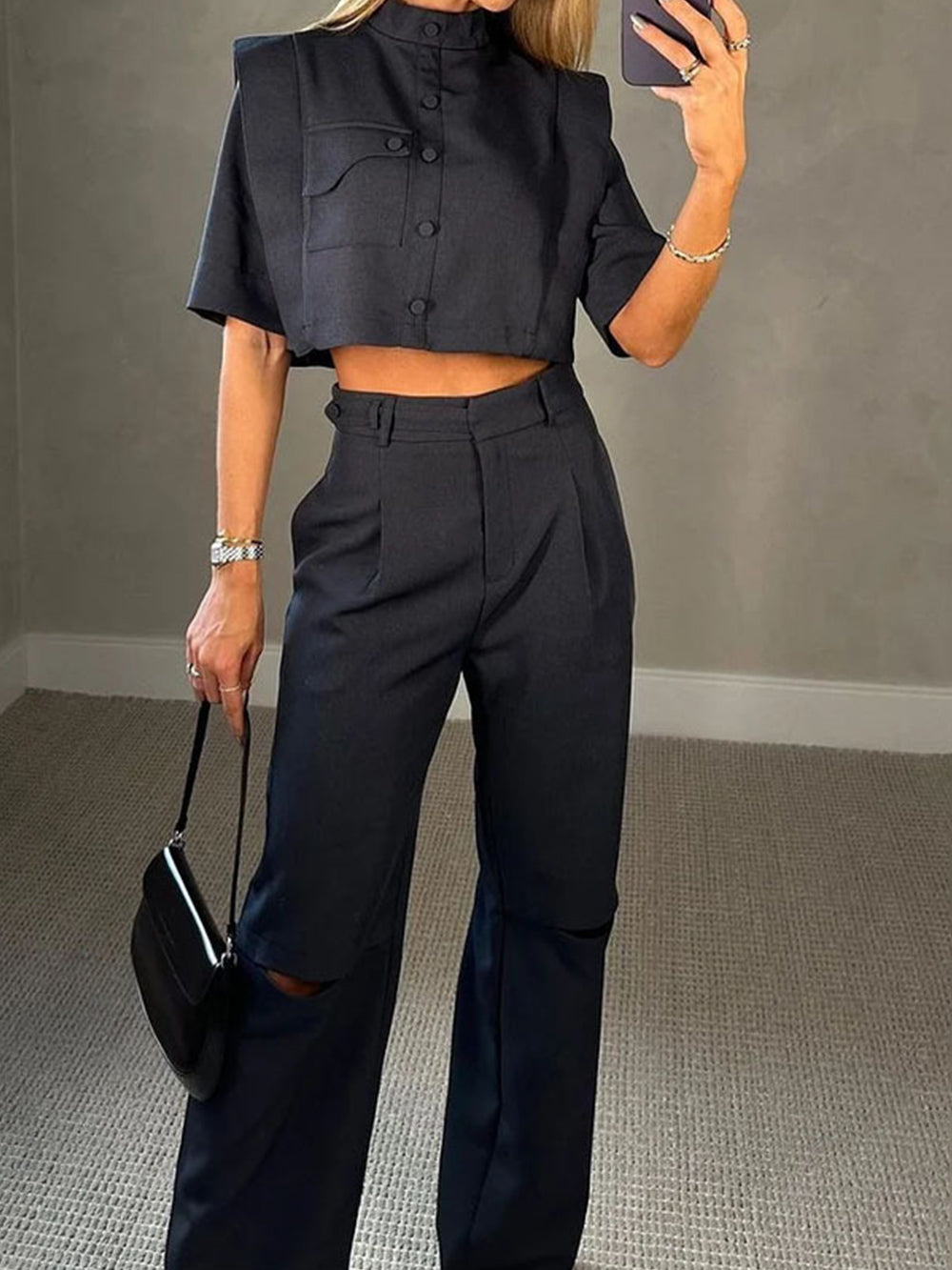 Super Cargo Button Blouse High Rise Pant Set