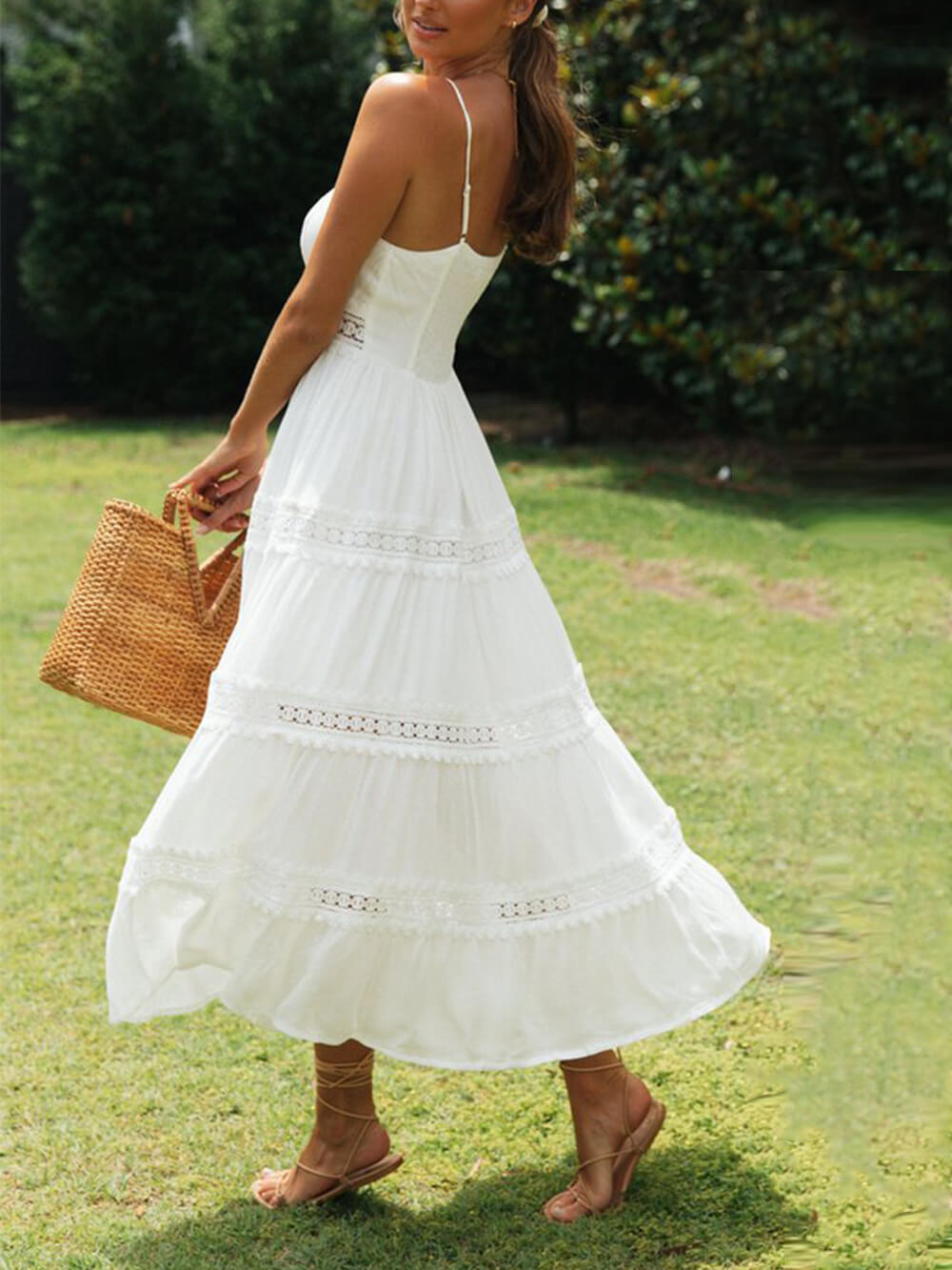 Color Lace Suspender Midi Dress