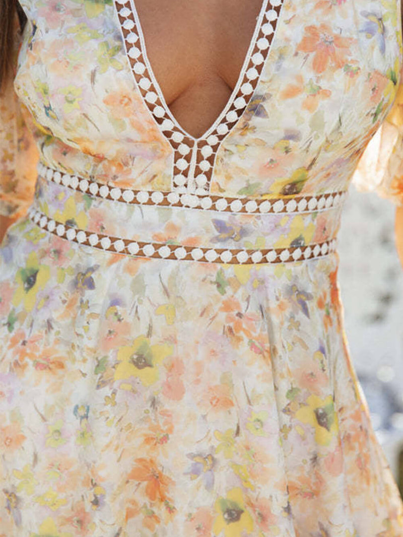 Chiffon Printed V-neck Puff Sleeve Mini Dress