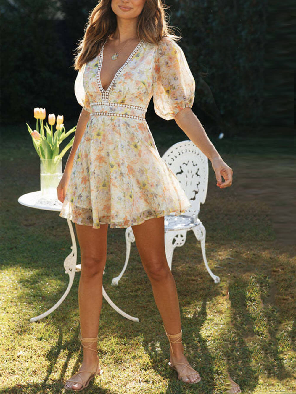 Chiffon Printed V-neck Puff Sleeve Mini Dress