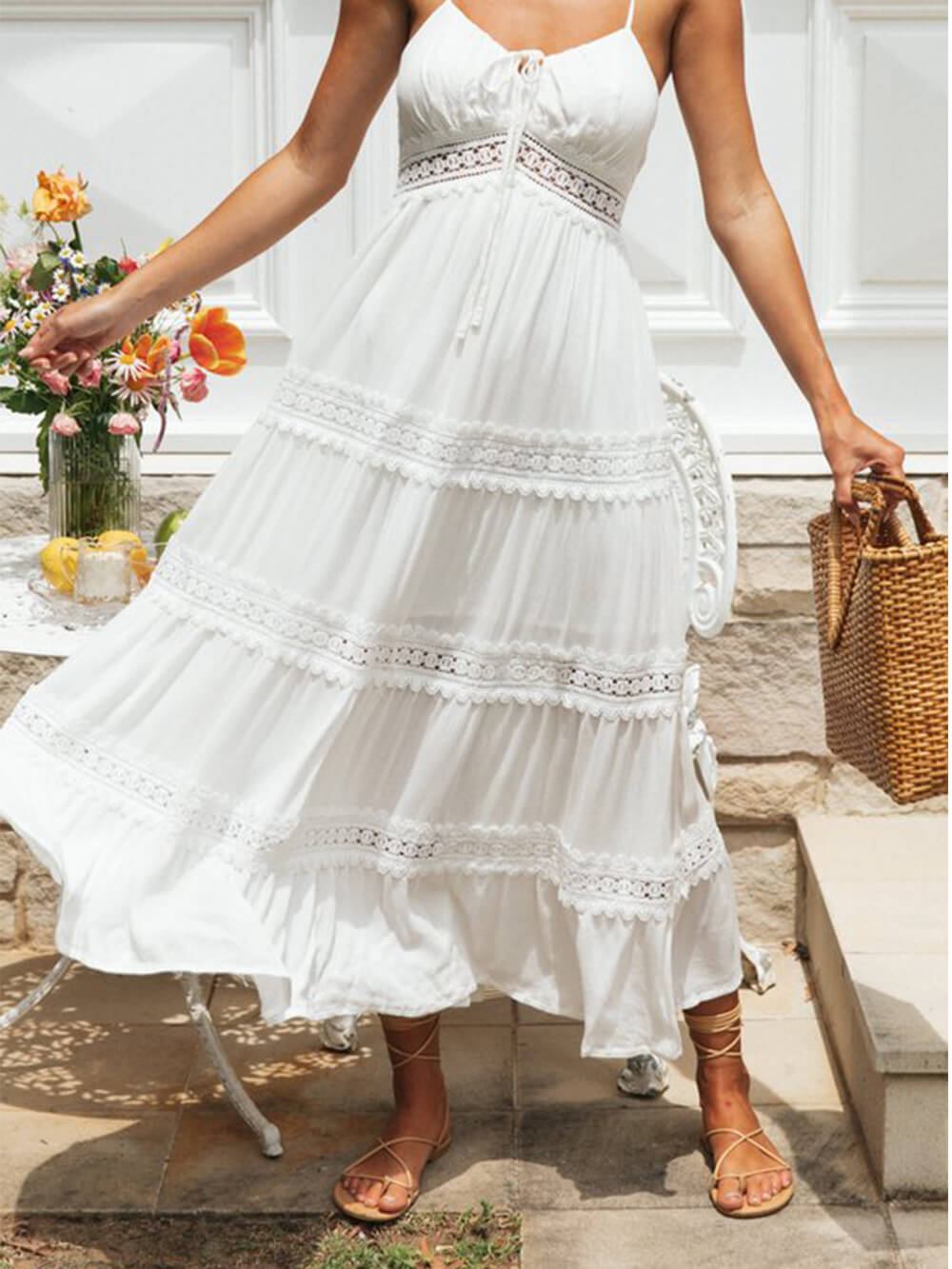 Color Lace Suspender Midi Dress