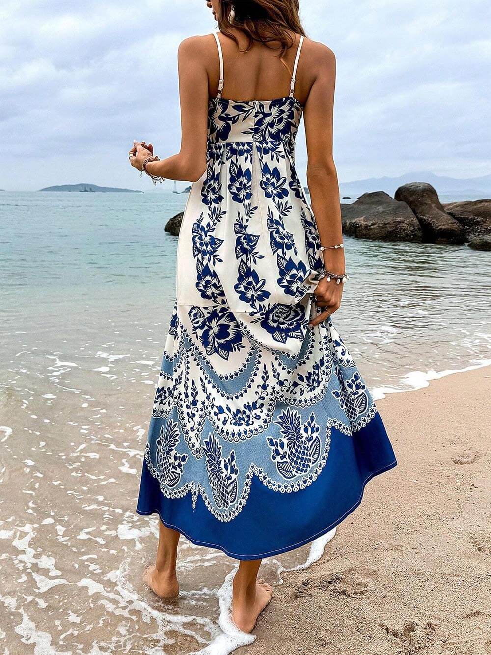 Print Back Smocked Loose Midi Dress