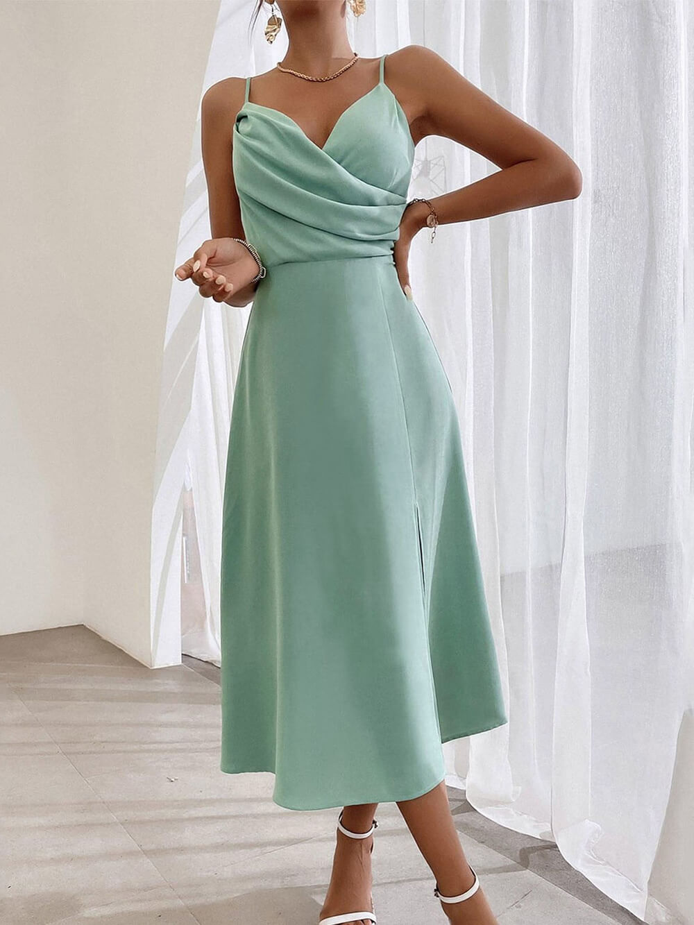 Spaghetti Strap Pleated Leg Slit Dress
