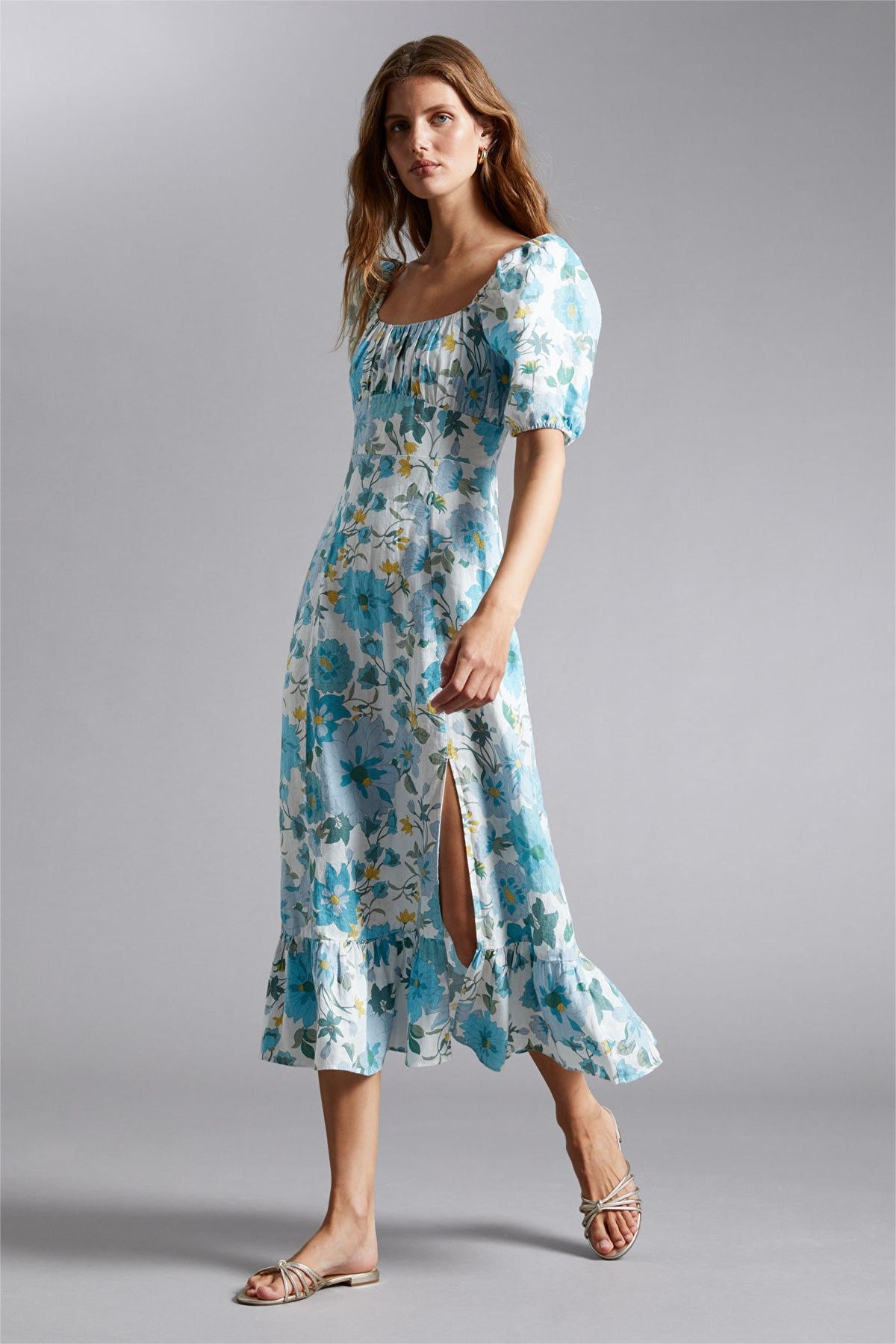 Puff Sleeve Square Collar Slit Midi Dress