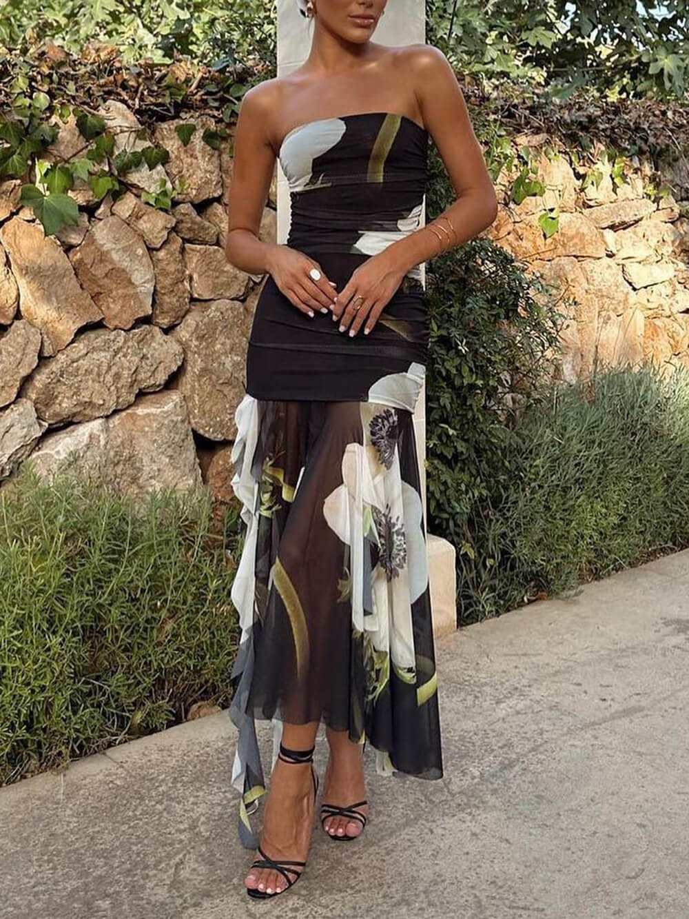 Mesh Overlay Print Off Shoulder Ruched Ruffles Stretch Midi Dress