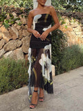 Mesh Overlay Print Off Shoulder Ruched Ruffles Stretch Midi Dress