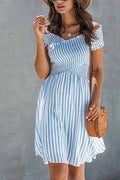 Stripe Off Shoulder Short Sleeve Short Dress