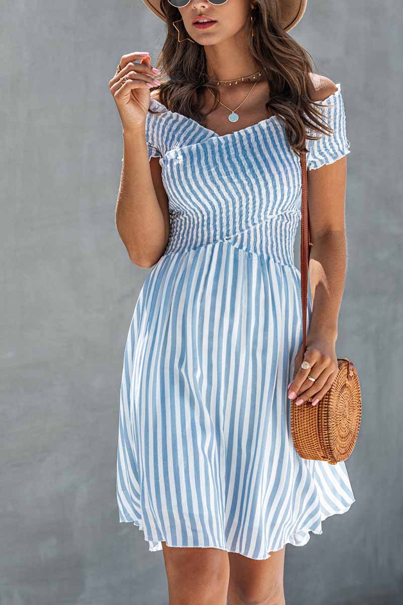 Stripe Off Shoulder Short Sleeve Short Dress
