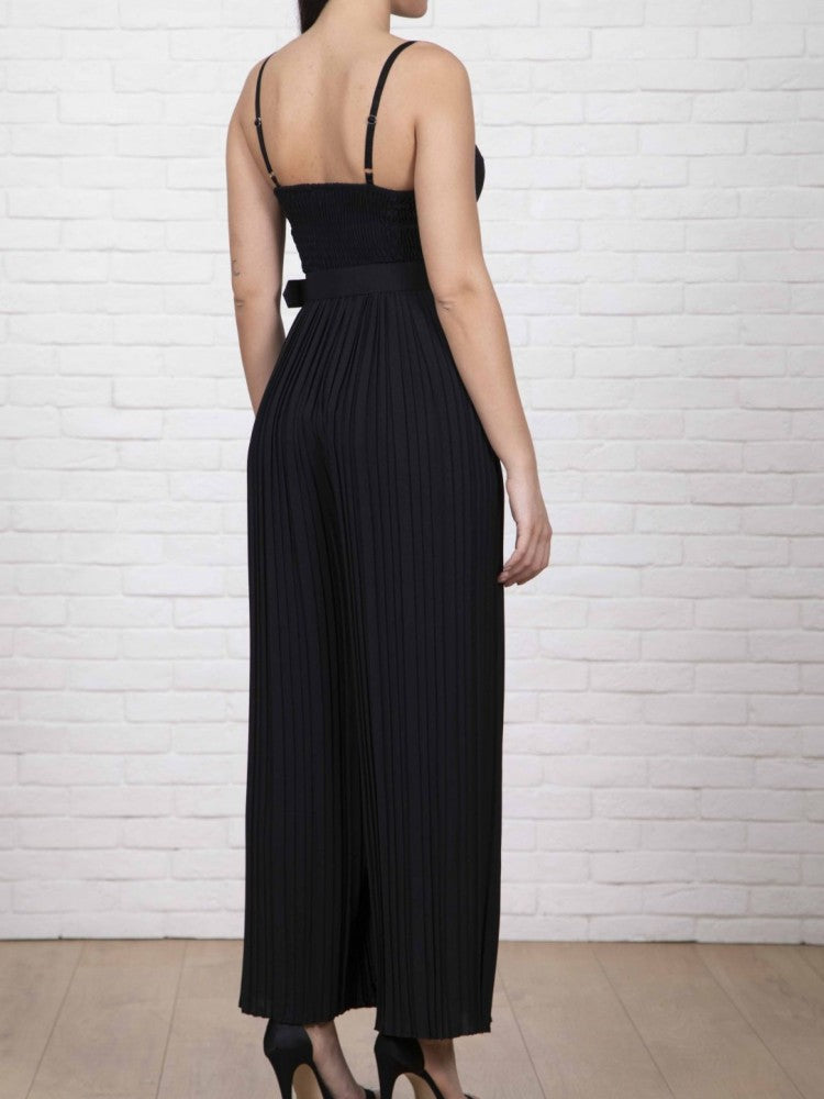 Strappy Jumpsuit With Wide Leg Pleated Detail in Black