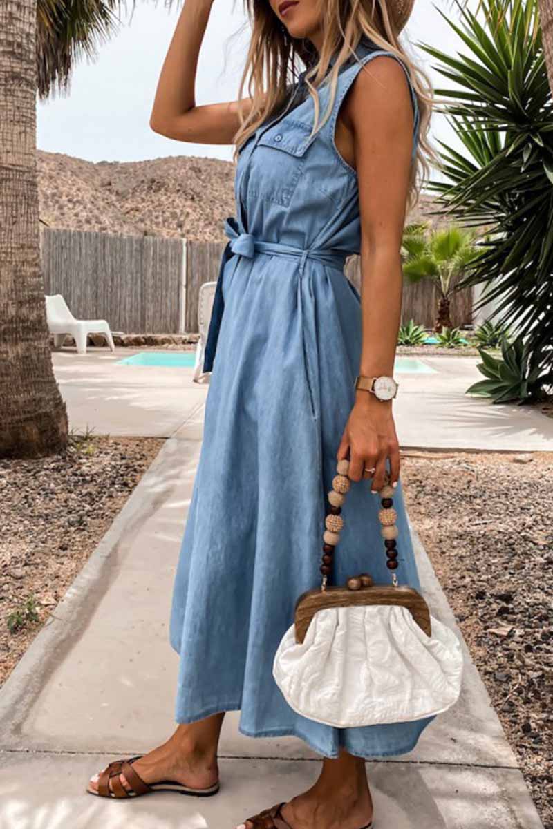 Sleeveless Lace-up Single-breasted Denim Midi Dress