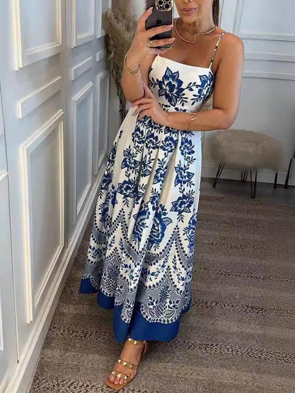 Print Back Smocked Loose Midi Dress