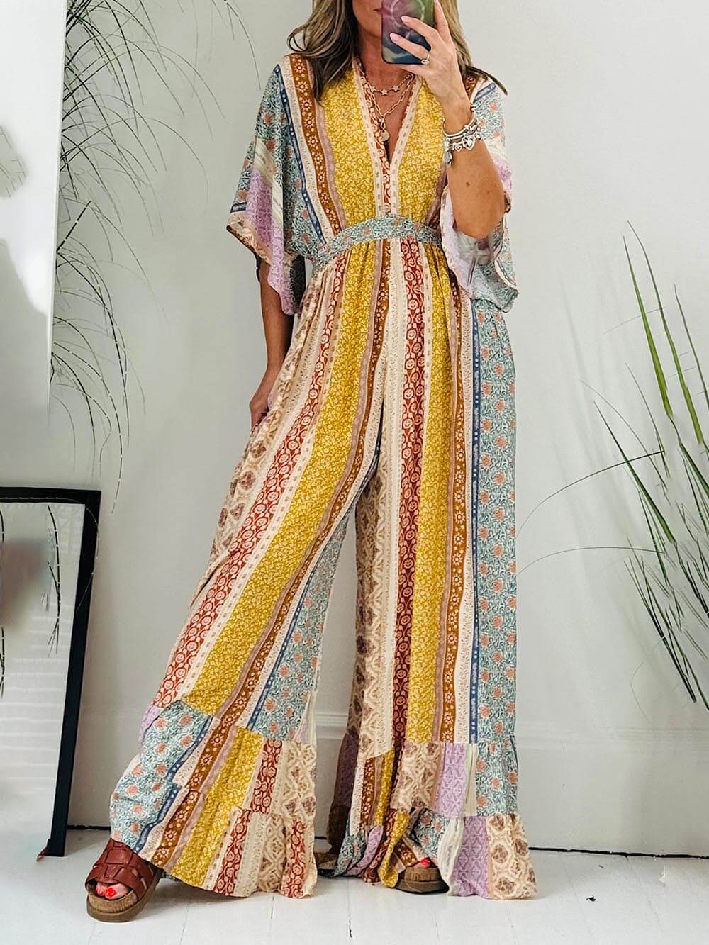 Retro Flare Sleeve Pocketed Loose Wide Leg Jumpsuit